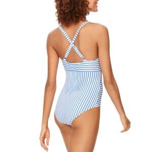 Cabana Life Talbots Striped One Piece Swimsuit White Turquoise Womens Size M